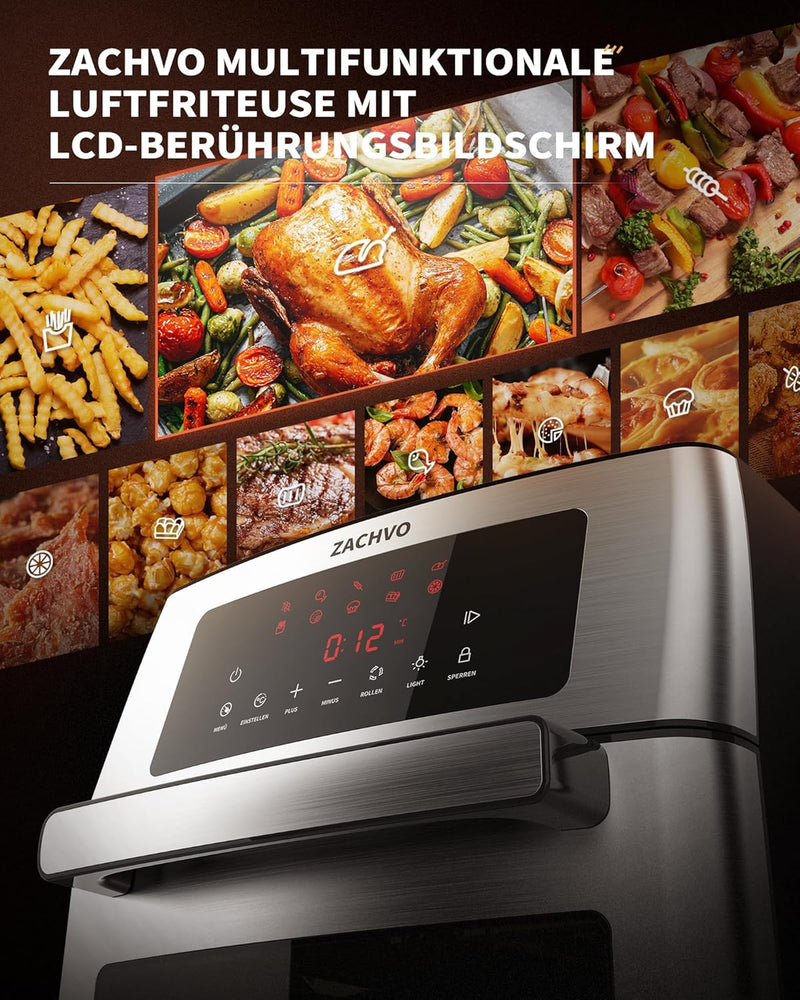 Heissluftfritteuse XXL - ZACHVO Airfryer 15L - 10 Programme Heissluftfriteuse 1700W mit LCD Touchscr