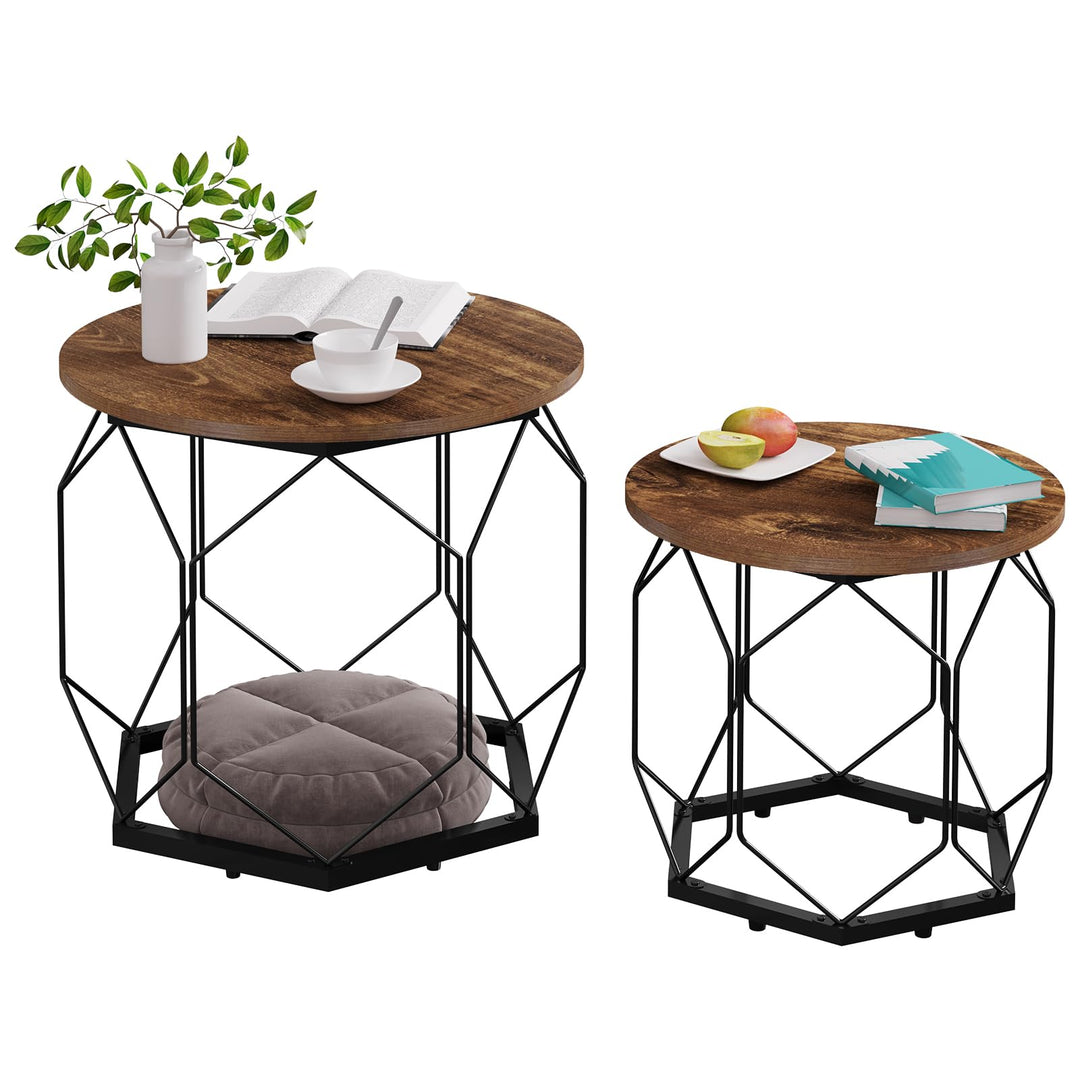 WOLTU Couchtisch 2er Set, Beistelltisch mit runder Tischplatte, Sofatisch mit hohlem Metallrahmen, W