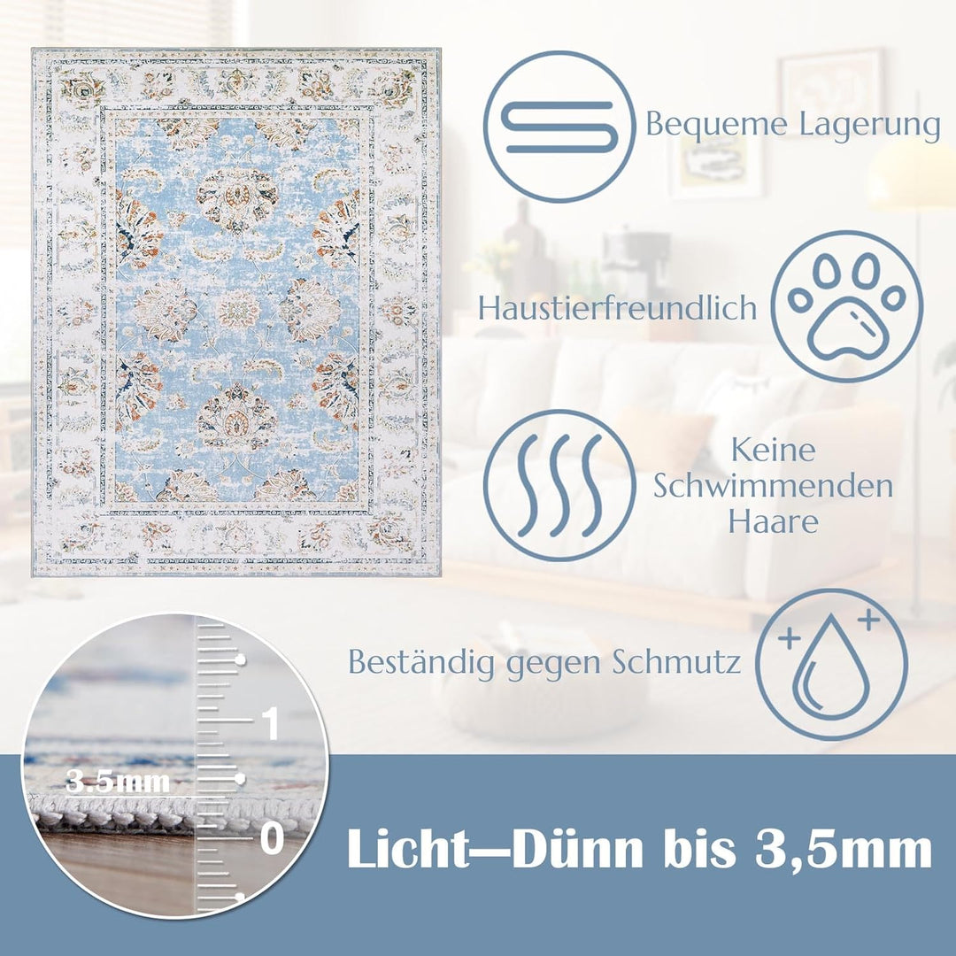TOPICK Blau Teppich 90x150cm Wohnzimmer Waschbar Superdünne Vintage Blumen Kurzflor Lang Küche Schla