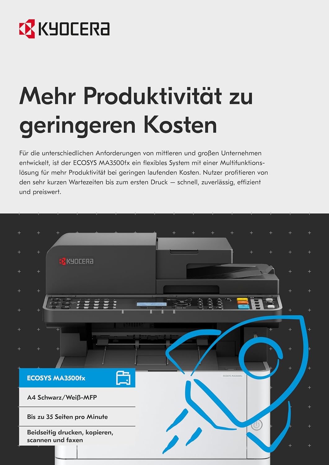 Kyocera Ecosys MA3500fx Multifunktionsdrucker Schwarz Weiss. 35 Seiten pro Minute. Drucker Scanner K