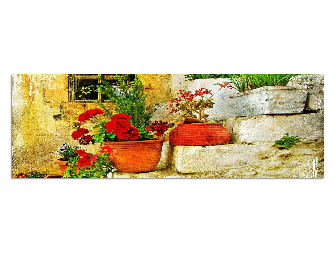 Paul Sinus Art Panoramabild auf Leinwand und Keilrahmen 120x40cm Steinhaus Treppe Blumen Griechenlan