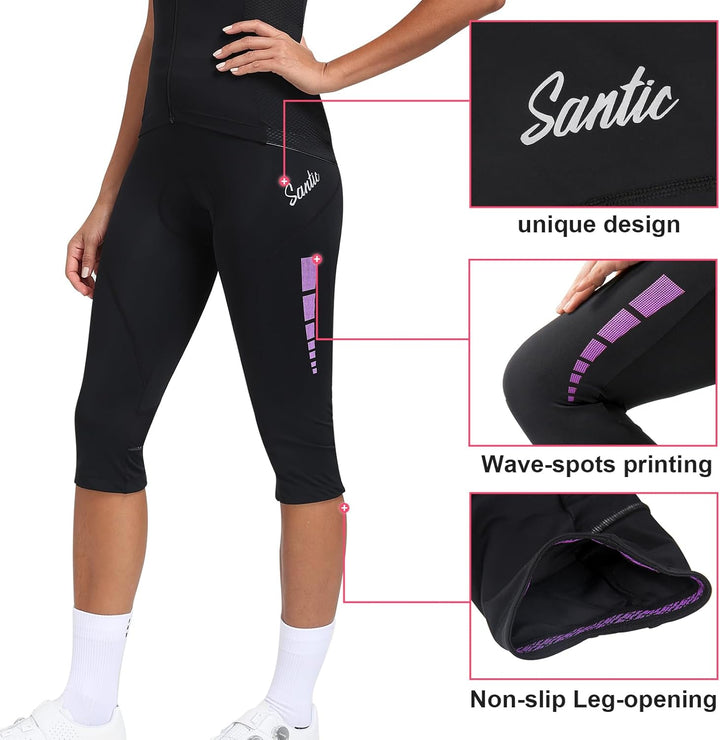 Santic Fahrradhose Damen Gepolstert 3/4 Radsport Hosen Für Damen Bike Shorts mit Taschen UPF50+ Elas
