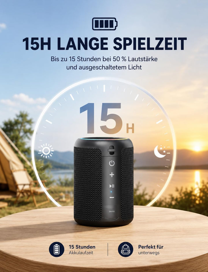 Bluetooth Lautsprecher Kleine Musikbox Bluetooth 5.3 15W mit TWS Modus RGB Lichtern 30 Meter Reichwe