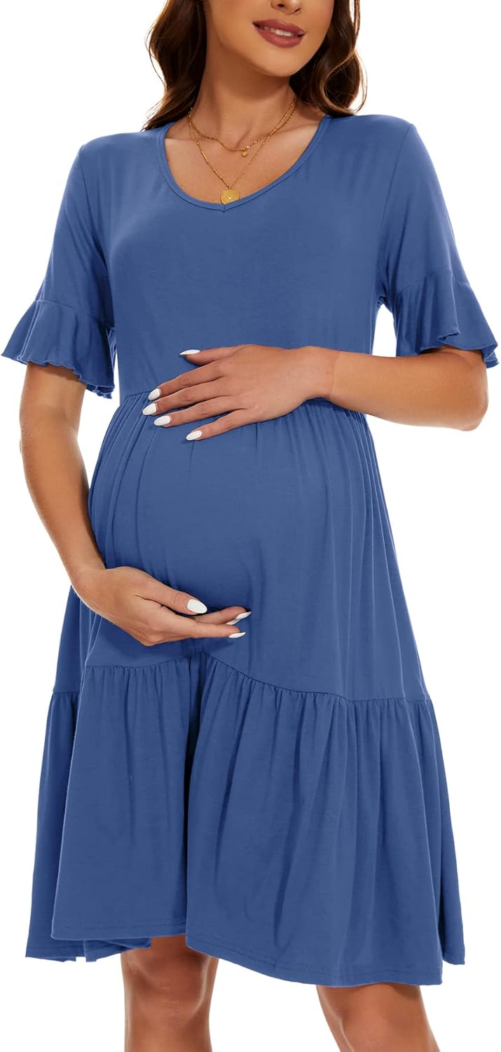 Smallshow Damen Umstandskleid Kurzarm Sommer Schwangerschafts Umstandsmode Kleid S Grau Blau, S Grau