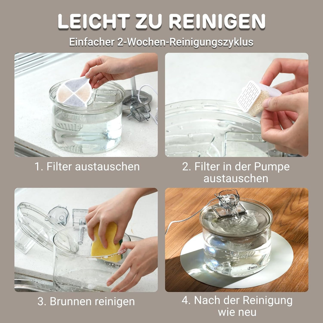 iPettie G01 Glas Katzenbrunnen, Trinkbrunnen für Katzen und Hunde 2L/68oz mit 2 Sprühaufsätzen, 3-st