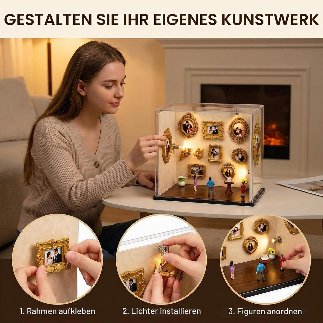 Mini Museum Bilderrahmen, 9 Stück Holz Schattenbilderrahmen Set mit 3 Miniaturfiguren und 4 LED Bele
