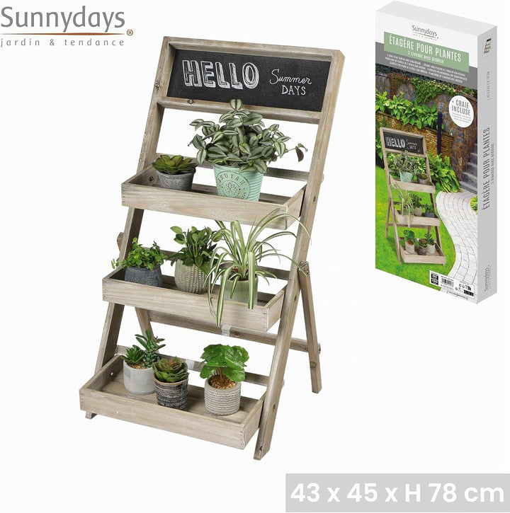 Urban Living SUNNYDAYS „Mein Garten“ PFLANZENREGAL 3 Ebenen MIT SCHIEFERTAFEL + Kreide 45X43X78CM
