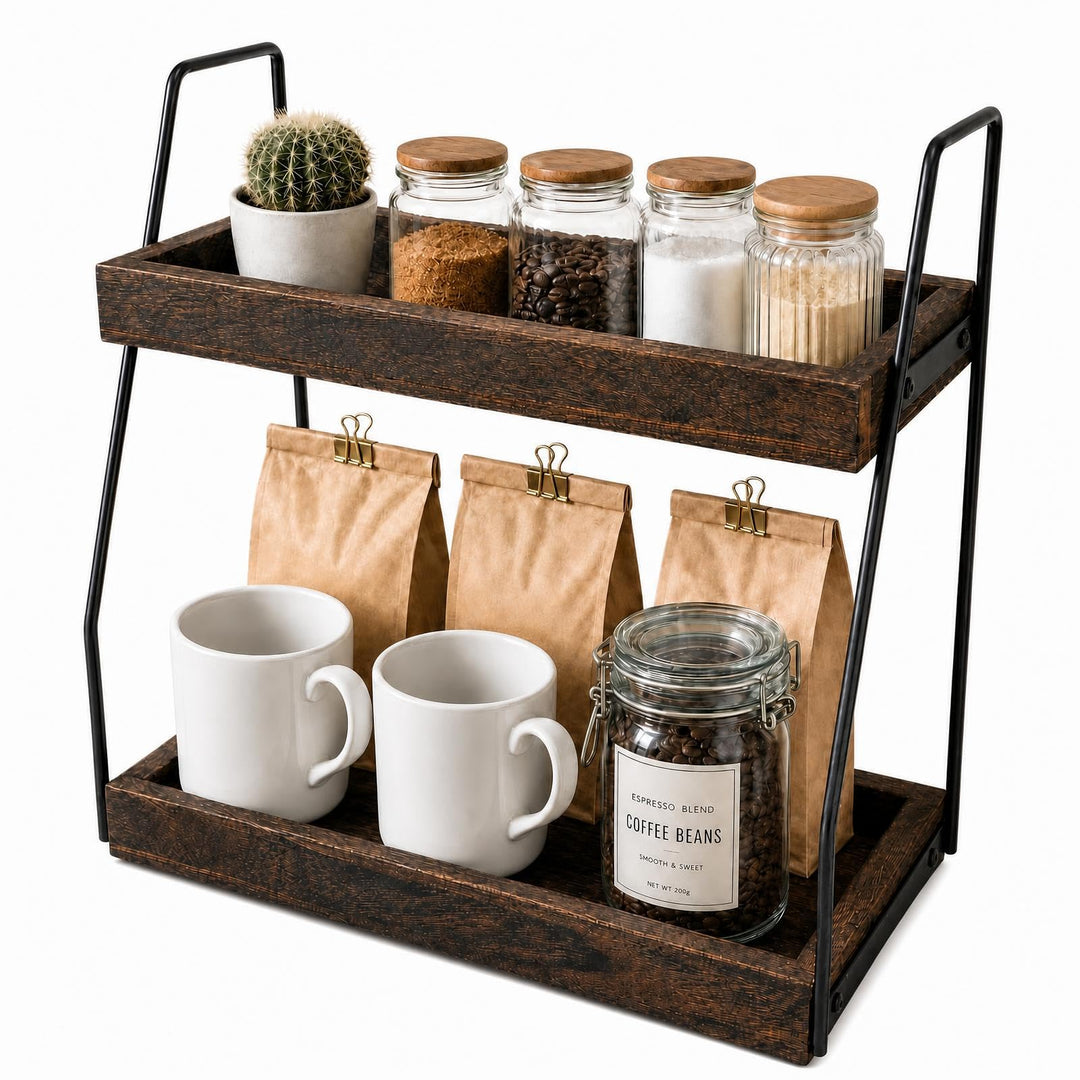 XUDREZ Kaffee Organizer, 2-stöckig Kaffeebar Zubehör Organizer Holz kaffeestation tassenregal, Küche
