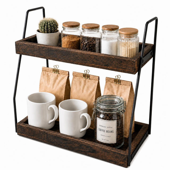 XUDREZ Kaffee Organizer, 2-stöckig Kaffeebar Zubehör Organizer Holz kaffeestation tassenregal, Küche
