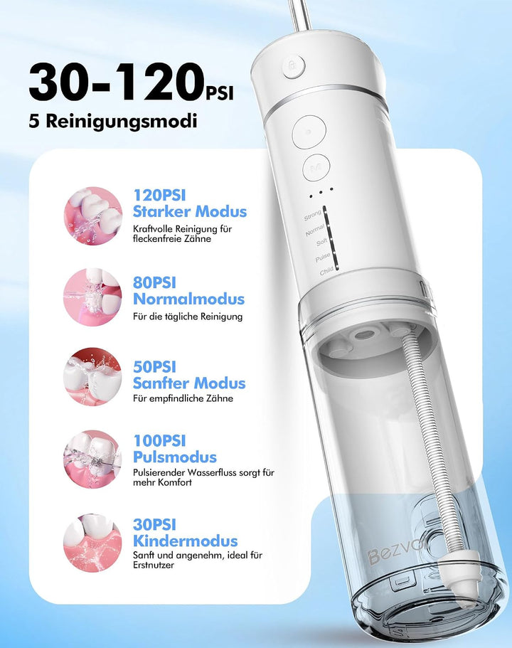 Reise Munddusche Kabellos Zahnreinigung: Oral Irrigator mit 5 Modi, 180ML Wassertank IPX7 Wasserdich