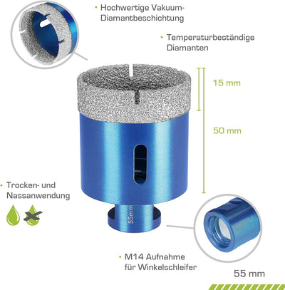 Profi Fliesenbohrer 55mm x M14 - Diamantbohrer für harte Fliesen, Feinsteinzeug uvm. Diamantbohrkron