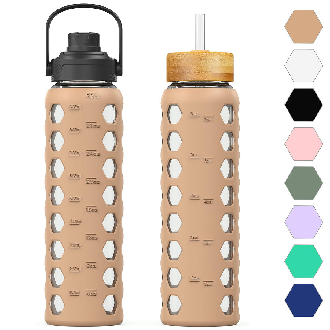 950ML Glaswasserflasche mit 2 Deckel Flip und Bambusstroh Deckel Sport Wasserbecher mit Zeiterinneru