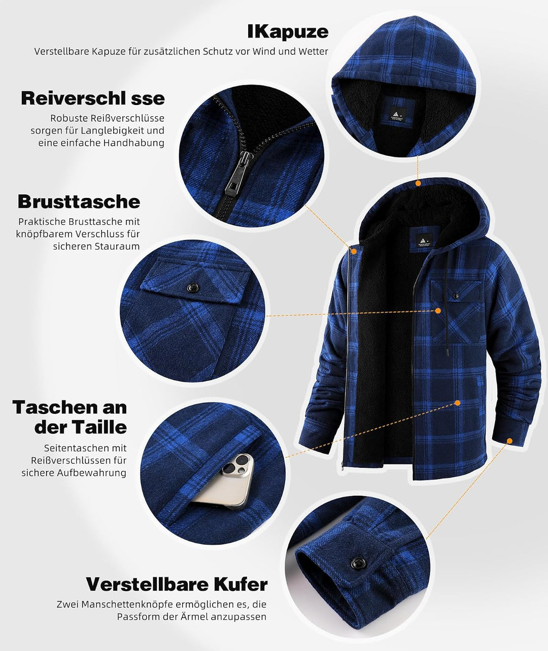 JACKETOWN Hemdjacke Kariertes Herren hoodies Flanelljacke Warm Thermohemd Herren Holzfäller Jacke Ve
