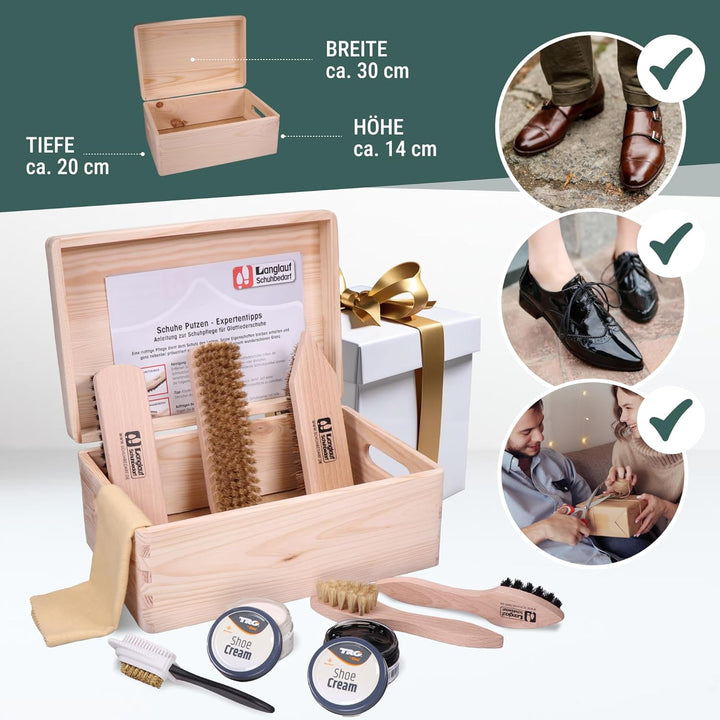 Langlauf Schuhbedarf Schuhputzset 9tlg Schuhputzkasten Verona I Schuhbürsten Set mit Box I Schuhcrem
