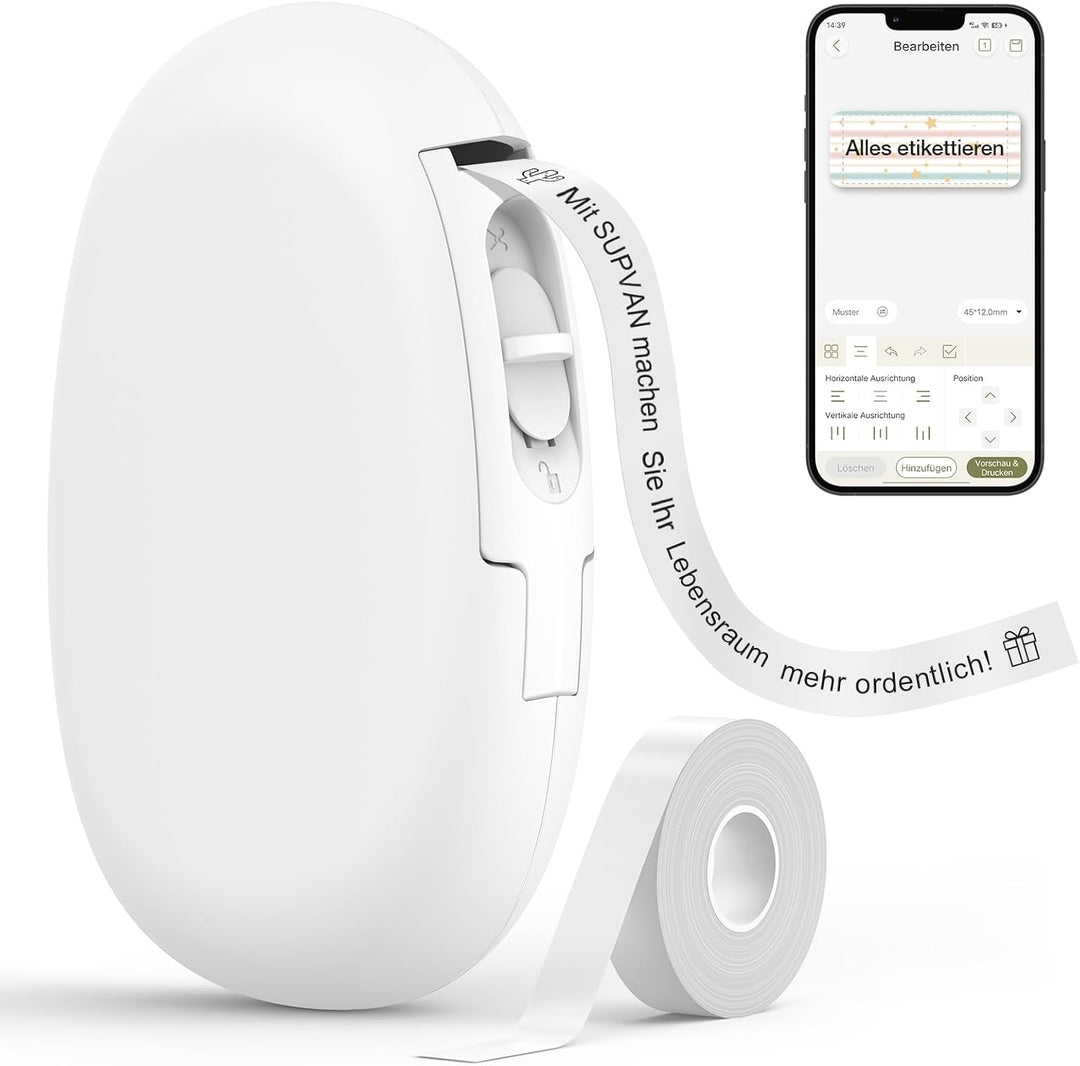 SUPVAN E10 Etikettiergerät, selbstklebend, Bluetooth, tragbar, kompatibel mit iOS und Android Weiss,
