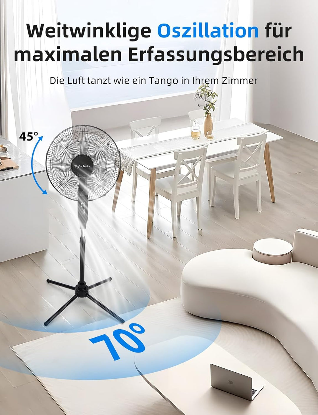 Taylor Swoden Standventilator mit Fernbedienung, 9h Timer, 7-Flügel, 50W Stark Ventilator Leise, 3 M