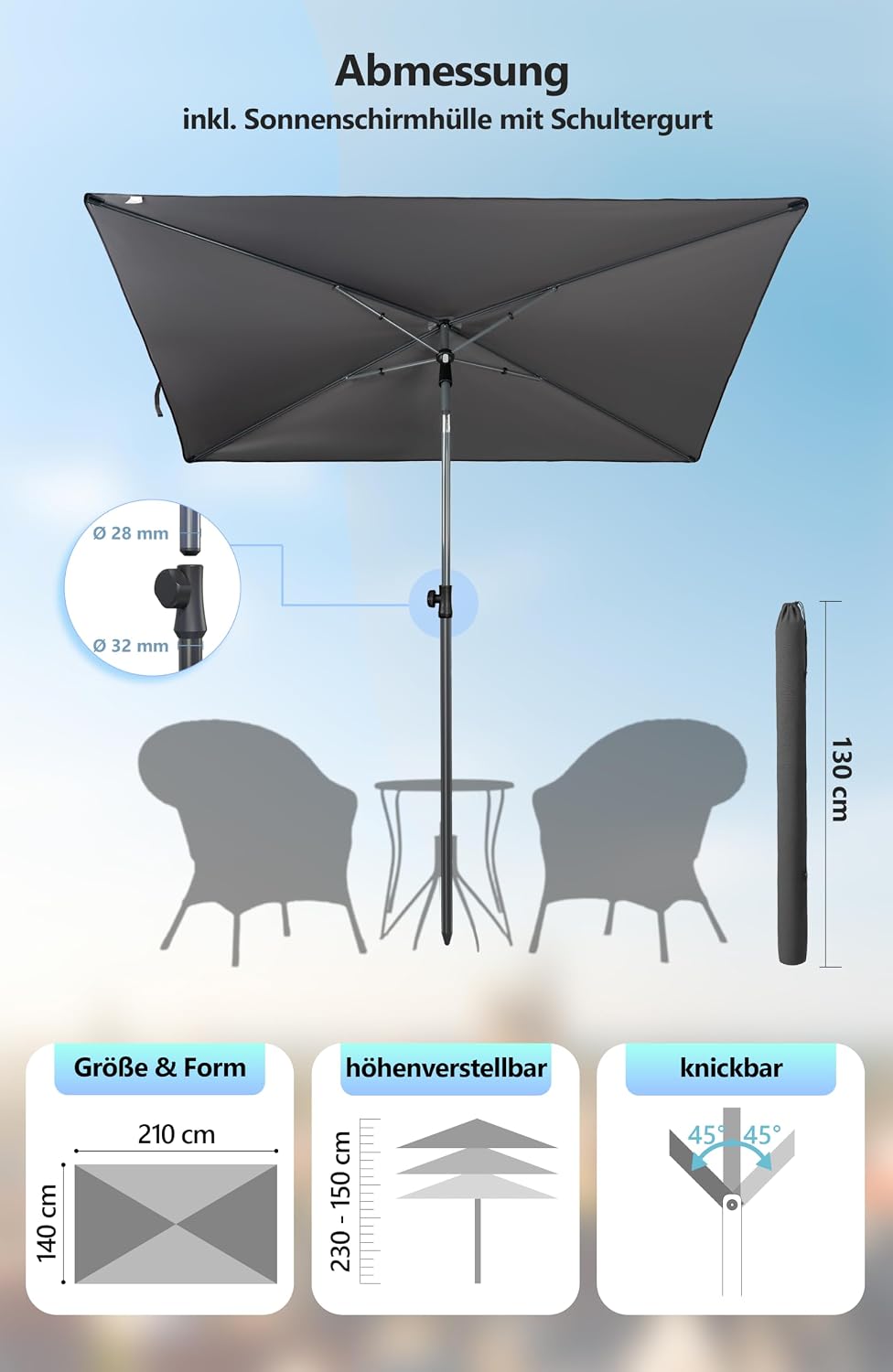 4smile Sonnenschirm Balkon im Set – Sonnenschirm rechteckig 210×140 cm, UV 50+ Sonnenschutz Balkon,