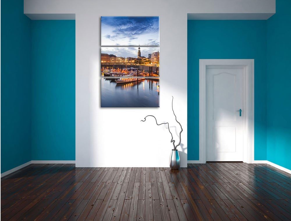 Pixxprint Hamburger Hafen am Abend als Leinwandbild - Grösse: 3-Teilig (120x80cm) - Wandbild - Kunst