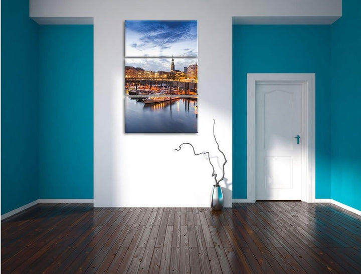 Pixxprint Hamburger Hafen am Abend als Leinwandbild - Grösse: 3-Teilig (120x80cm) - Wandbild - Kunst