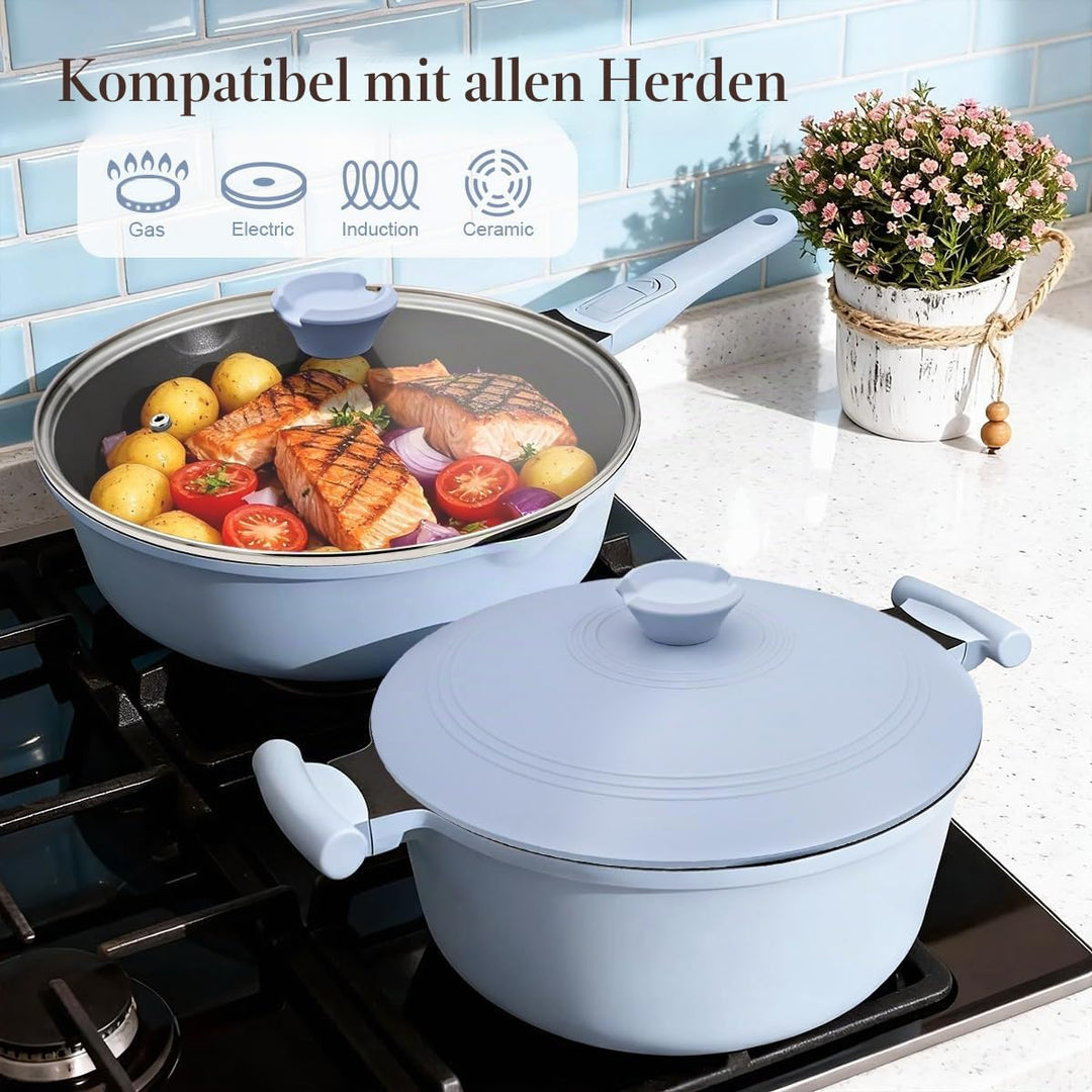 Topf und Pfannenset 7-Teilig, Pfanne 28cm mit Abnehmbarer Griff, Kochtopf 28cm mit Deckel/Dampfgarer