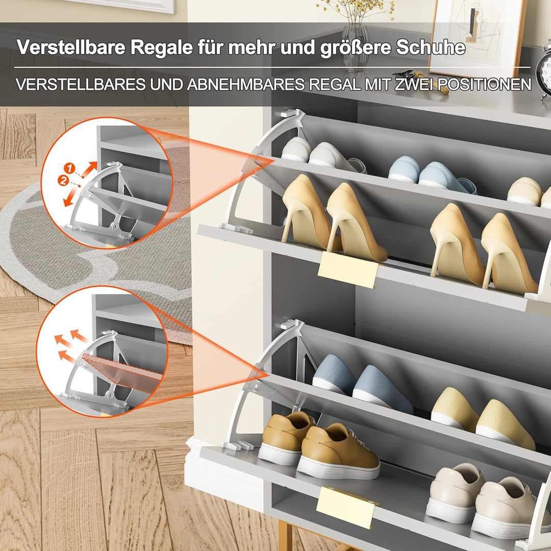 UEV Schuhschrank mit 2 Klappen Grau, Schuhkommode mit Linien, Schuhaufbewahrung Schmal, 50x24,2x103,