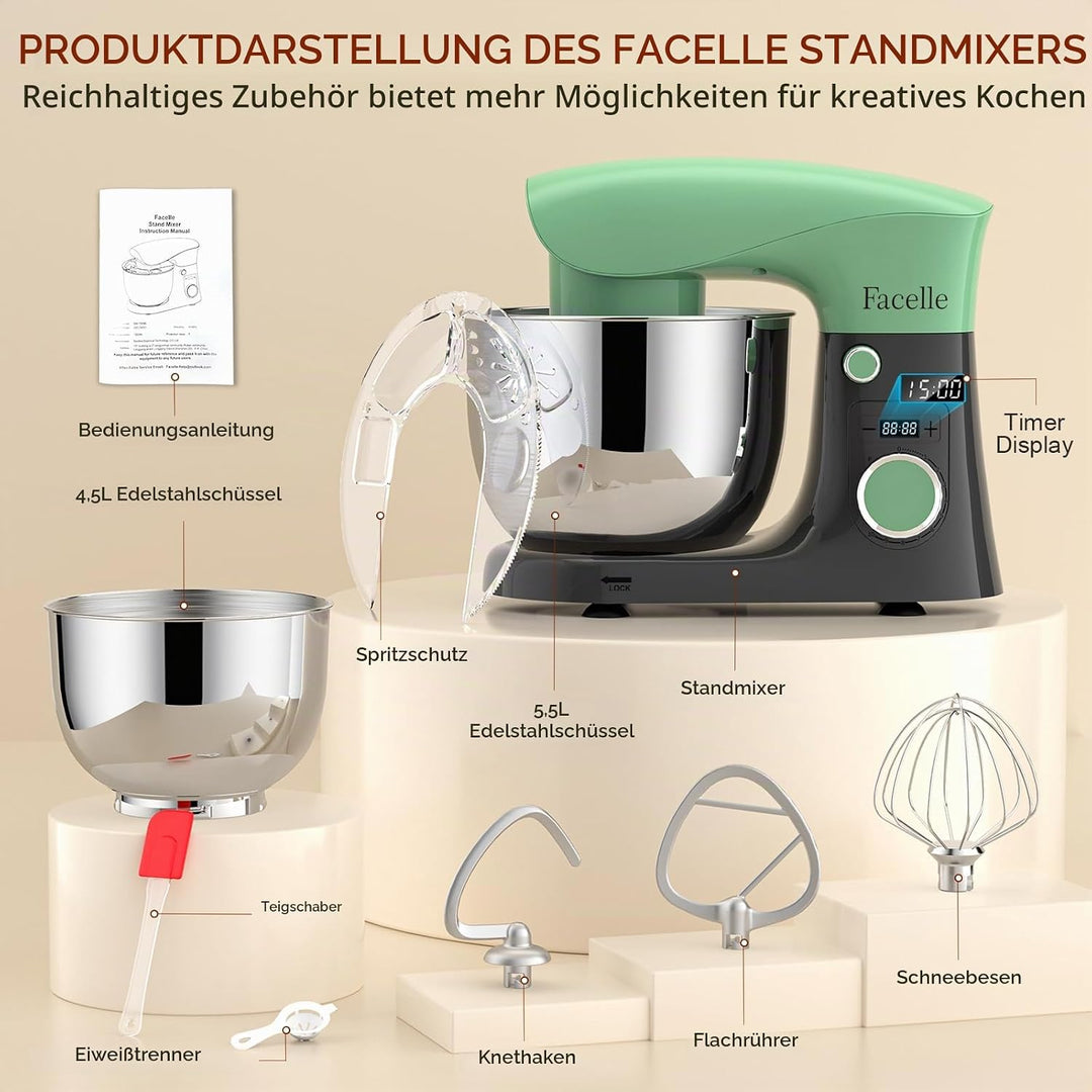 Küchenmaschine Knetmaschine 1500W | Facelle 5,5&amp;4,5L Teigmaschine Rührmaschine | Geräuscharm| 10+P T