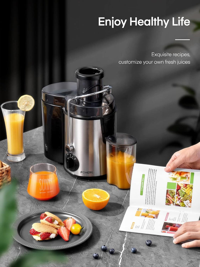 FOHERE Entsafter für Obst und Gemüse in Edelstahl, 400W Zentrifugaler Entsafter 65 MM Einfüllöffnung