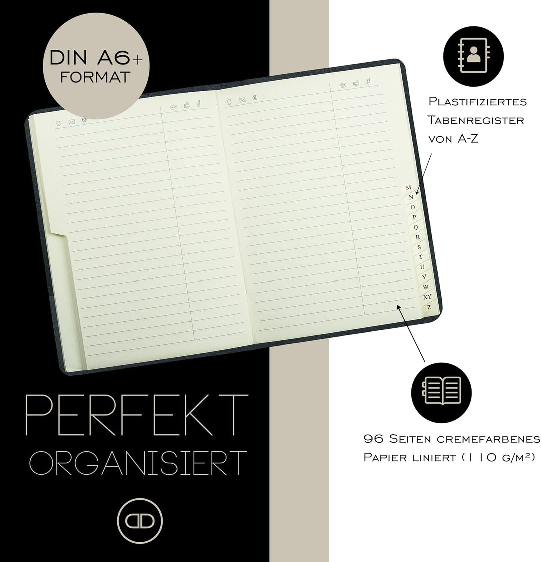 DELMON VARONE - Personalisierbares Adressbuch DIN A6+ gebunden mit A-Z Register Boxcalf Leder schwar