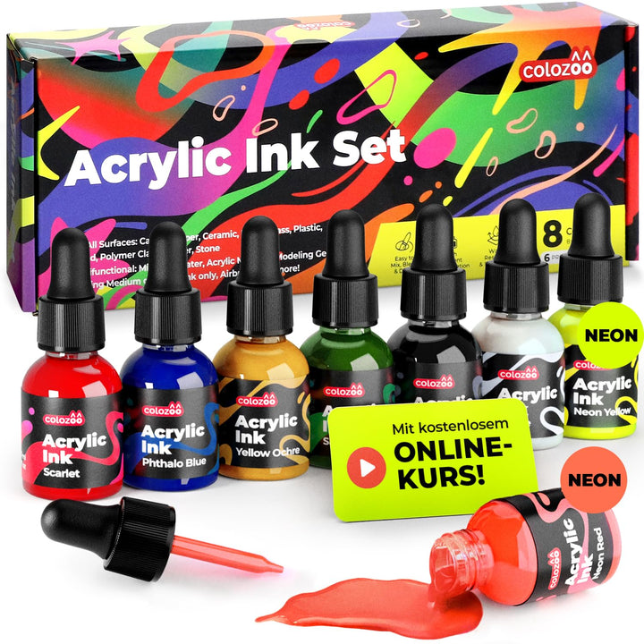 8x20ml Acrylic Ink Set, Permanent, Wasserfeste, Acryltinte inklusive 6 Primärfarben & 2 Neon Farben,