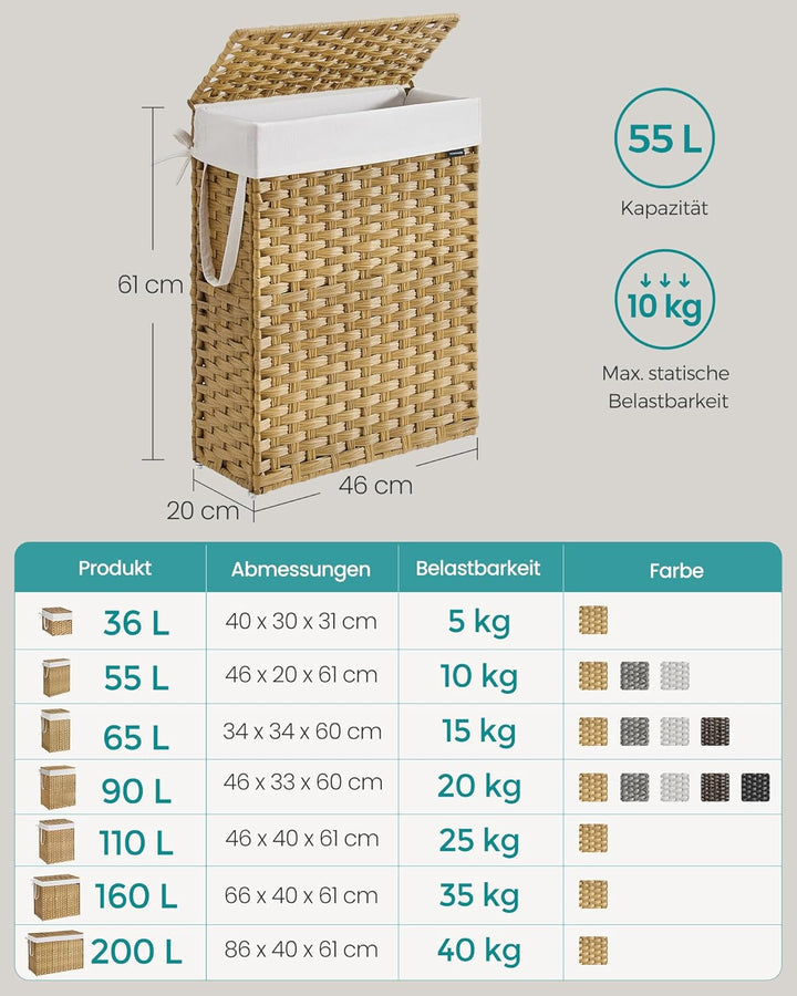SONGMICS Wäschekorb schmal, Wäschesammler 55 L, Wäschebox aus synthetischem Rattan, mit Deckel und G