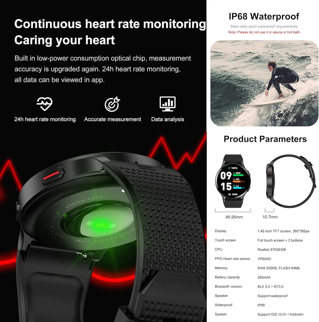 Smartwatch Herren mit Telefonfunktion 1,43" HD Voll Touchscreen Uhren Fitness Tracker 15 Sportmodi A