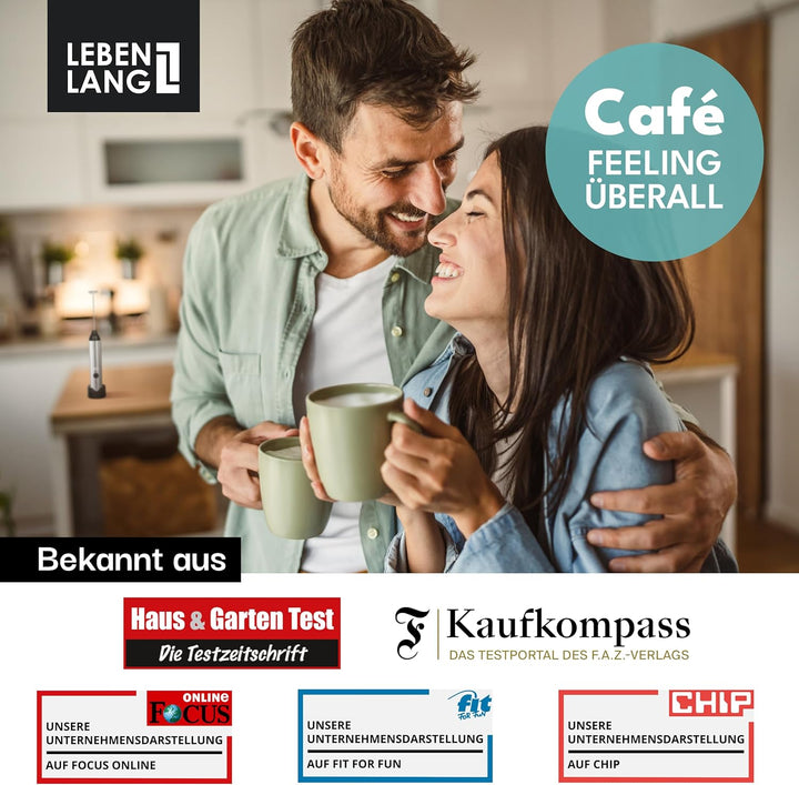 LEBENLANG Milchaufschäumer Stab elektrisch wiederaufladbar - USB Anschluss & Inkl. Extra Rührbesen I