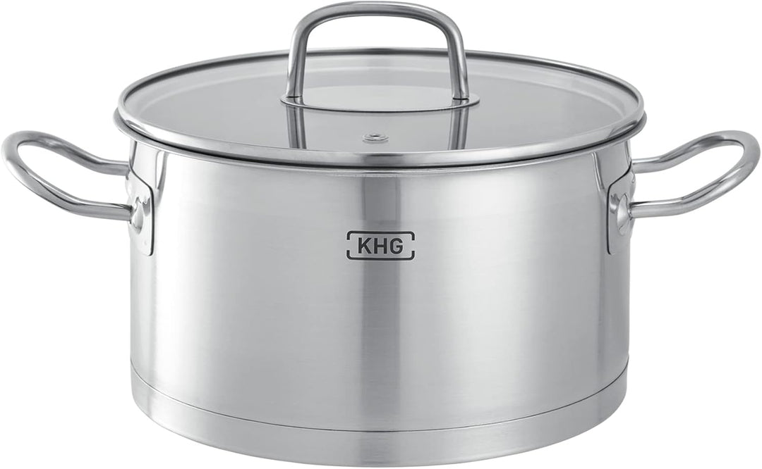 KHG Topfset 5-teilig Induktion, Edelstahl unbeschichtet inkl. Glasdeckel | Topf, Kochtopf, Milchtopf