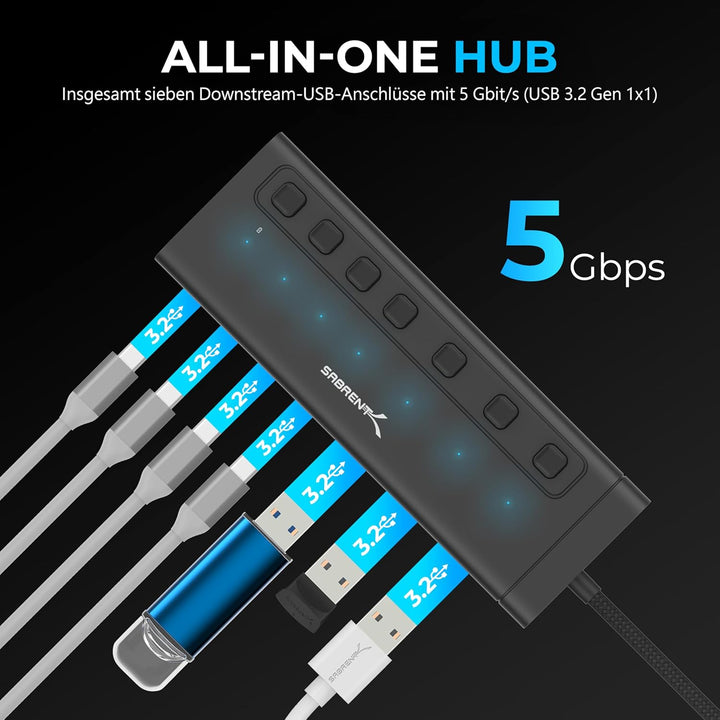 SABRENT USB C Hub 7 Port 48 W mit Schaltern (HB-3A4C) 7 Port 20w Typ C+A, 7 Port 20w Typ C+A