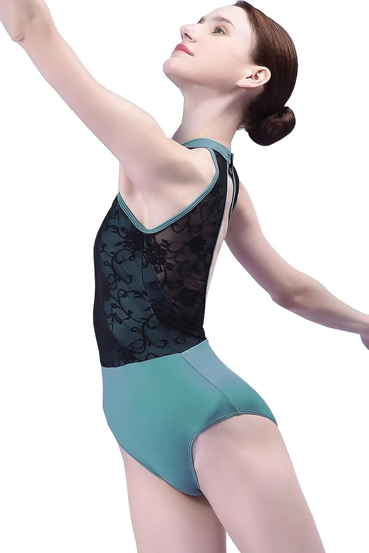 Nackennetz Rückenfrei Gymnastik Trikots Ballett Tanz Trikots für Damen,mit BH Pad Grün 170/92A/M, Gr
