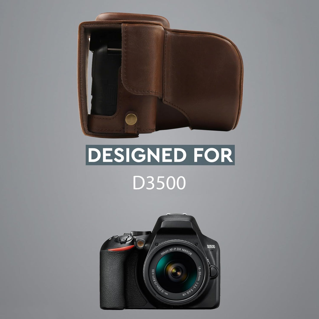 MegaGear MG1536 Nikon D3500 Ever Ready Leder Kamera-Case mit Trageriemen - Dunkelbraun, Dunkelbraun