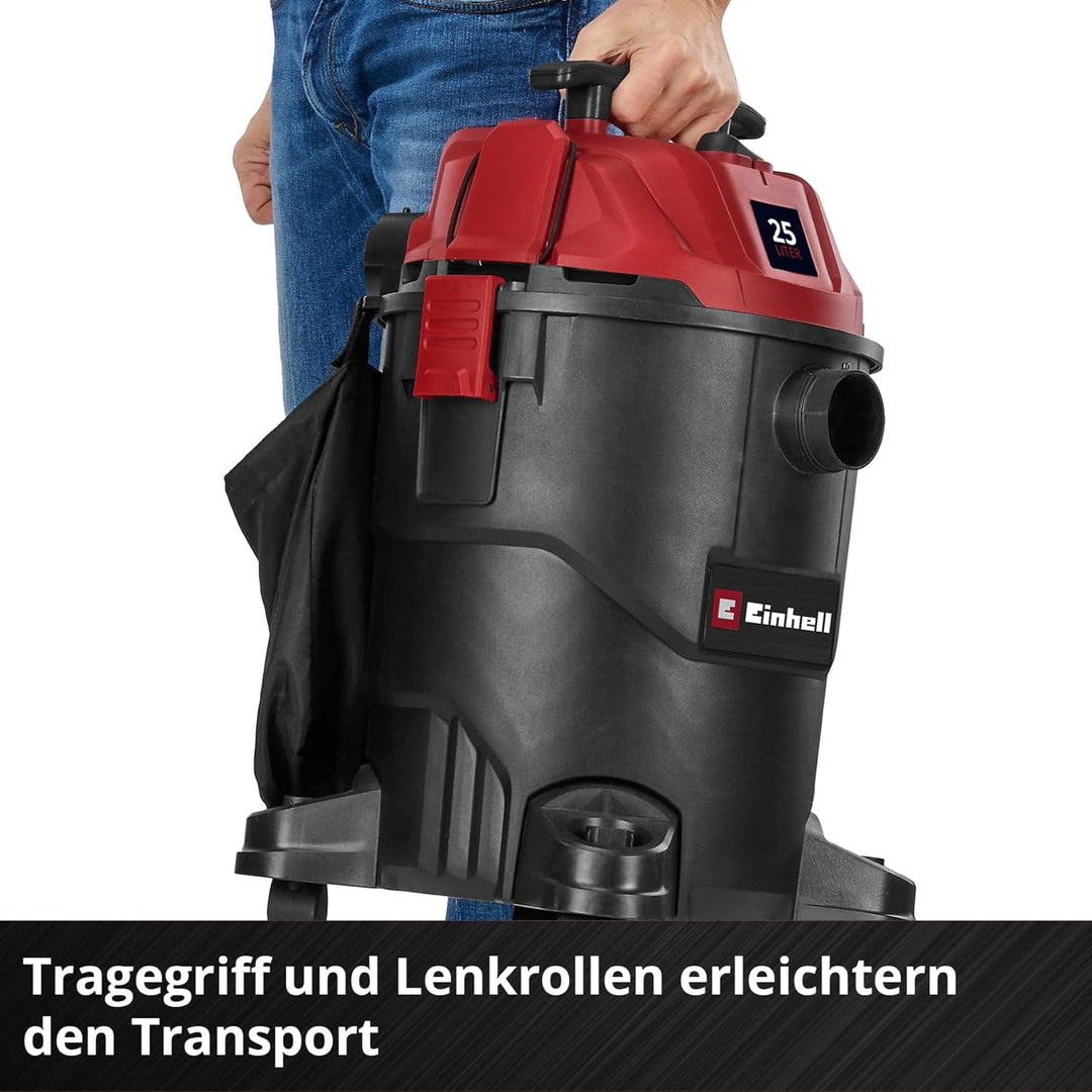 Einhell Nass-Trockensauger TC-VC 2555 (850 Watt, 180 mbar Saugleistung, 25 L Behälter, 4 Rollen, Tra
