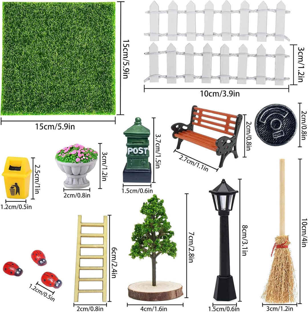 15 Stück Miniatur Garten Zubehör，Kunstrasen Miniaturgarten，Zubehör mit Miniatur Kunstrasen, Zaun, Ba