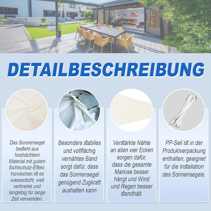 Sunnylaxx 3x3m Sonnensegel Quadrat, Wasserdicht Sonnenschutz Sunsegel Color Creme, 95% UV-Schutz,für