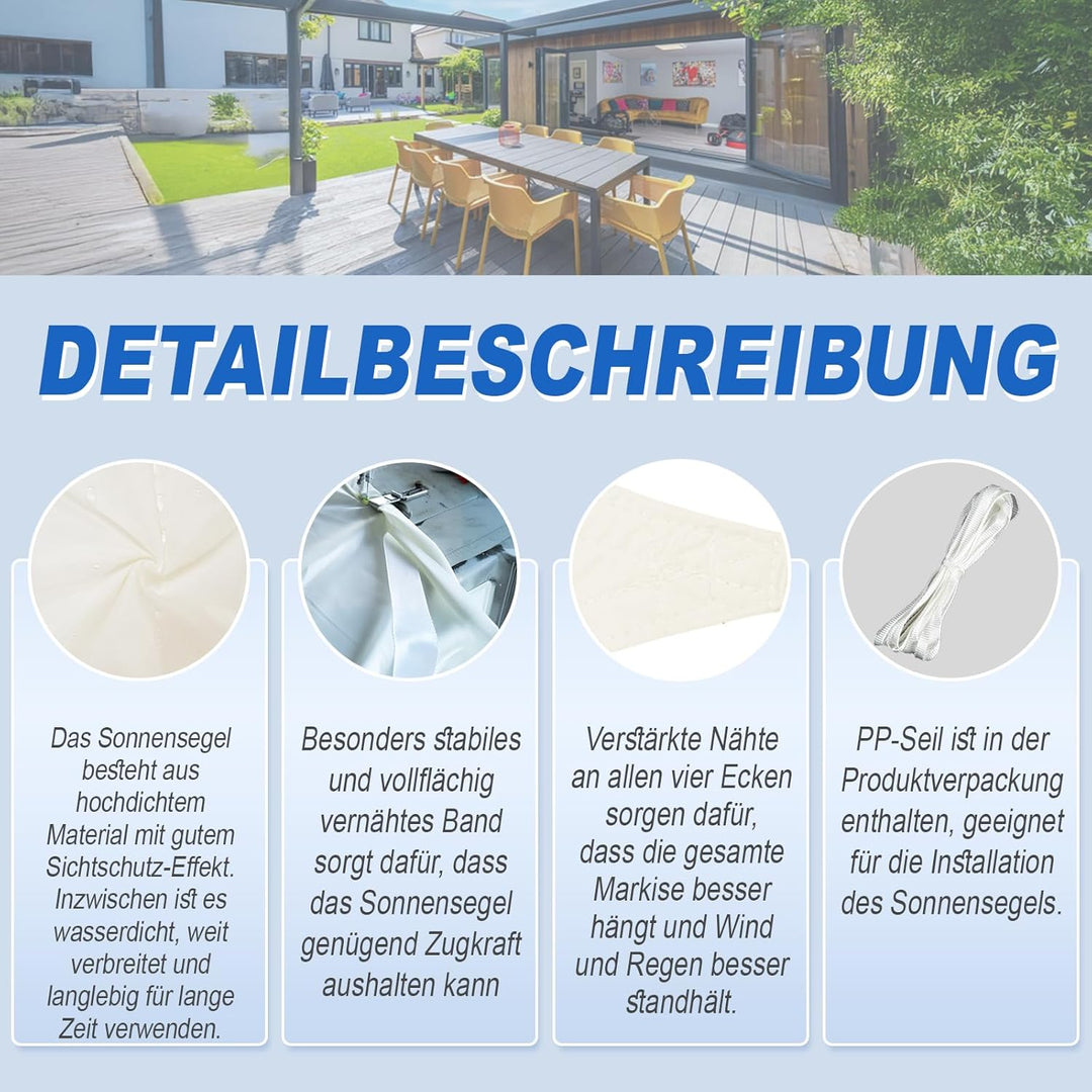 Sunnylaxx 4x5m Sonnensegel Rechteckig, Wasserdicht Sonnenschutz Sunsegel Color Creme, 95% UV-Schutz,