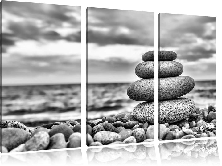 Pixxprint Monocrome, Steinturm am Strand 3-Teiler Leinwandbild 120x80 Bild auf Leinwand