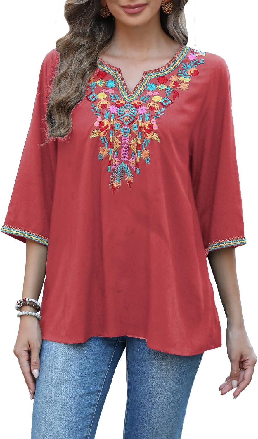 Seasonal Boho Tunika Damen Sommer Mexikanische Blumen Bestickt V-Ausschnitt Top 3/4 Ärmel Hippie Los