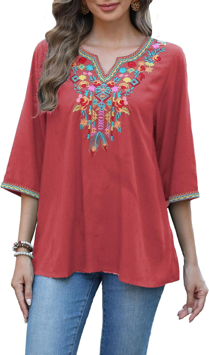 Seasonal Boho Tunika Damen Sommer Mexikanische Blumen Bestickt V-Ausschnitt Top 3/4 Ärmel Hippie Los