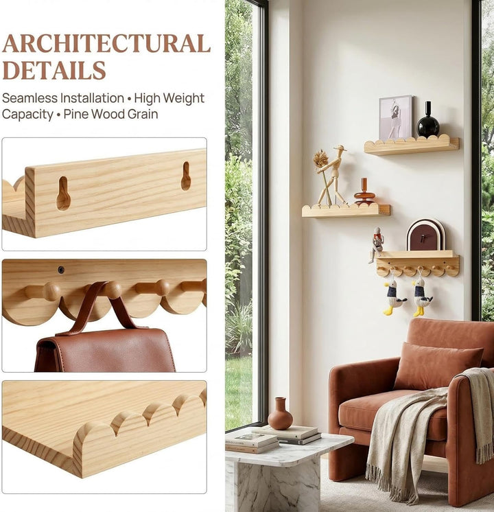 Wandregal Kinderzimmer 3er-Set Massivholz, Montessori Schwebregal 40cm mit sanften Rundungen, Bücher