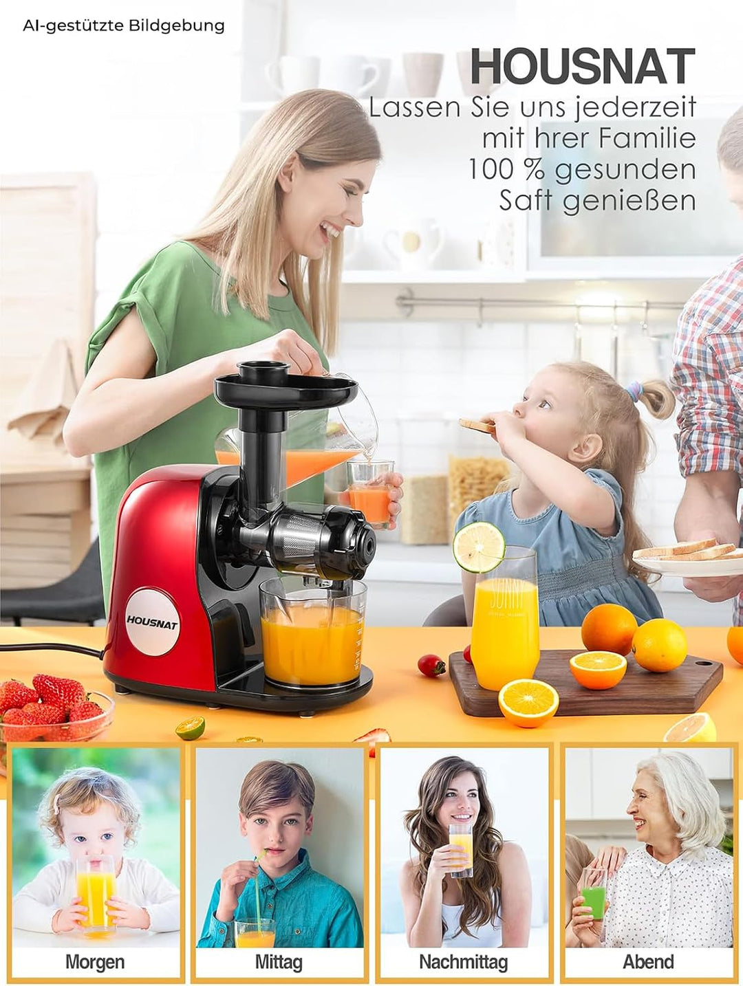 Slow Juicer Entsafter, HOUSNAT Entsafter Gemüse und Obst, Profi Entsafter mit Ruhigem Motor │Umkehrf