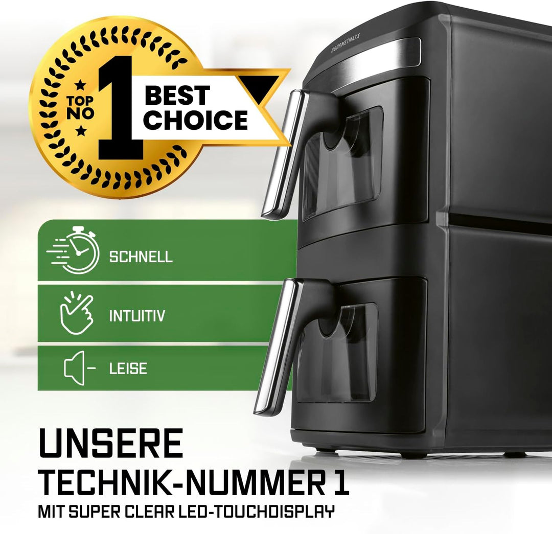 GOURMETmaxx FryUp XL vertikale Doppelkammer Heissluftfritteuse mit Sichtfenster - 12 L | Airfryer mi