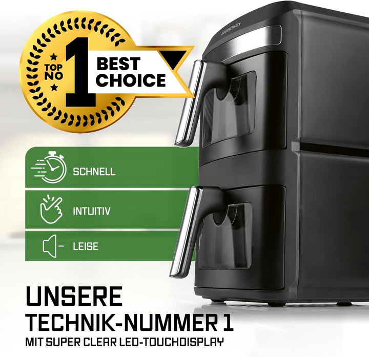 GOURMETmaxx FryUp XL vertikale Doppelkammer Heissluftfritteuse mit Sichtfenster - 12 L | Airfryer mi