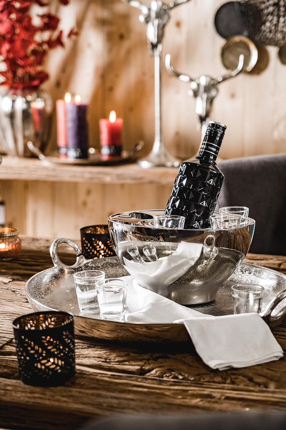 Wodkakühler Wodka Spirituosen Kühler "VODKA" Edelstahl + 6 Shotgläsern Silber, Flaschenkühler Geträn