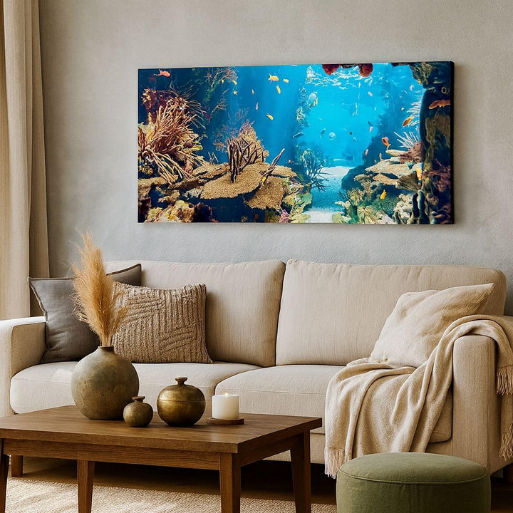 Wandbilder Dekoration Wohnzimmer Ozean Riff Fische Koralle Panorama Bilder auf Leinwand 120x50cm Lei