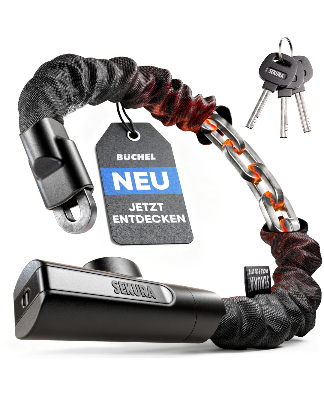 BÜCHEL Sekura Fahrradschloss Hohe Sicherheit - 90cm Bike Lock mit Disc Detainer Lock aus 8mm gehärte